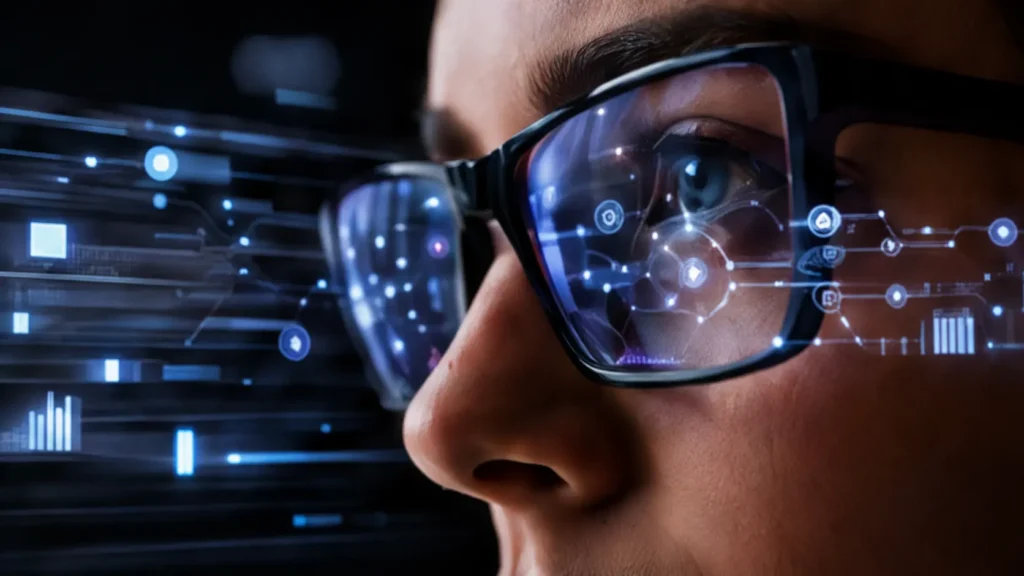 a woman with glasses using ai